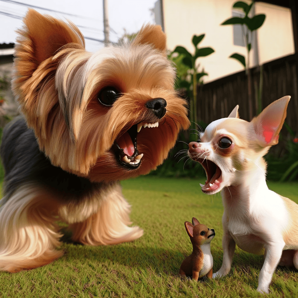 yorkie growling at a small chihuahua